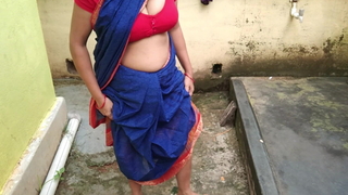 Maid in saree outdoors, set forth pissing, fingering