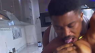 See as a hungry brother licked the wet-nurse inlaw's sweet boobs with the addition of love tunnel about the Kitchen for Break bread