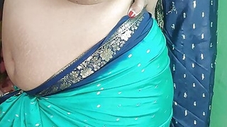 Indian horny mom Striping connected with green sharee and showing her twat closeup