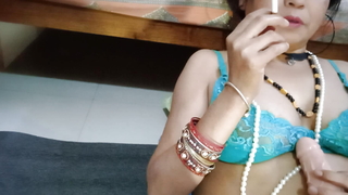 Indian hot bhabhi smoke grow dim and play with sexual connection toy hot pussy nippal, bosom
